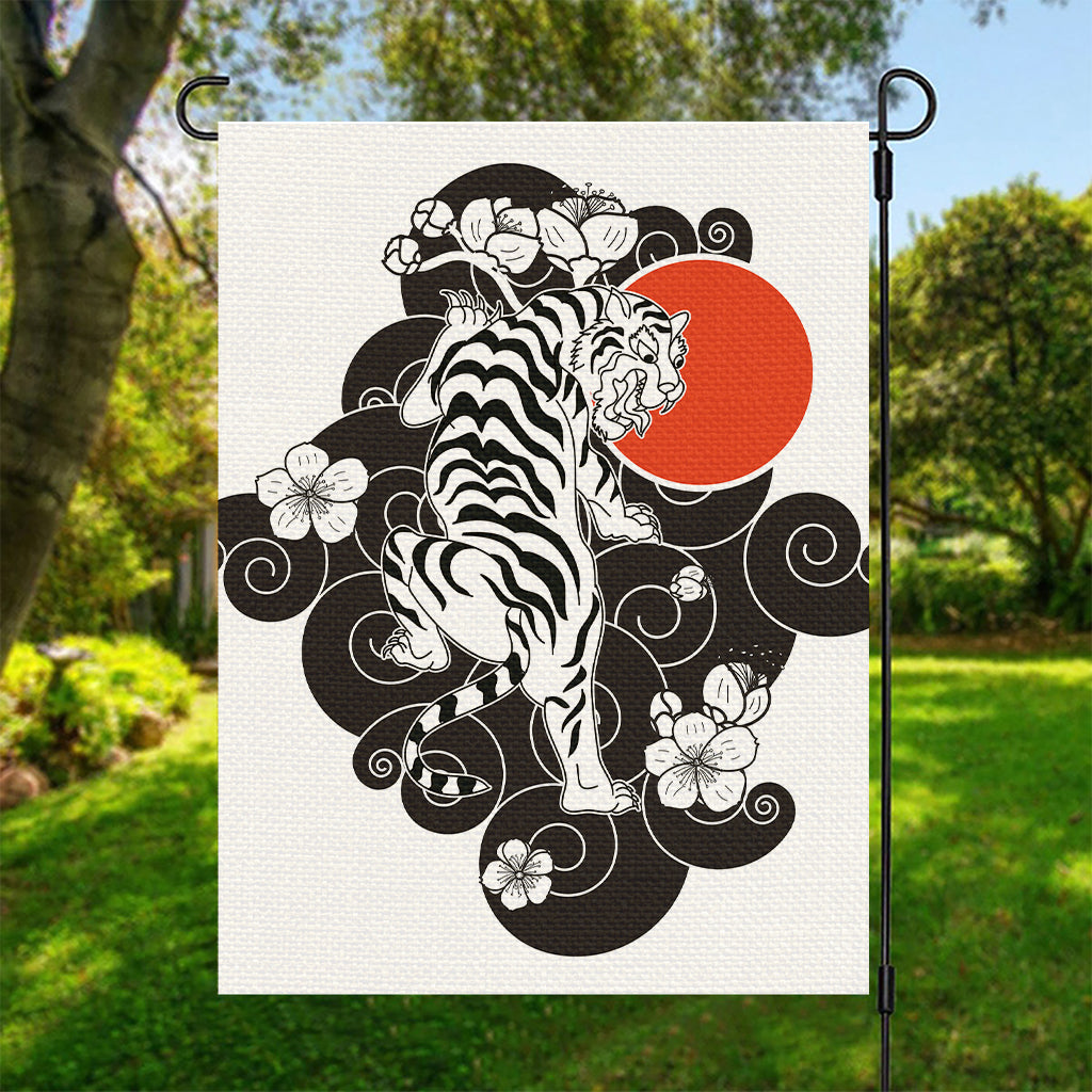 Japanese White Tiger Tattoo Print Garden Flag