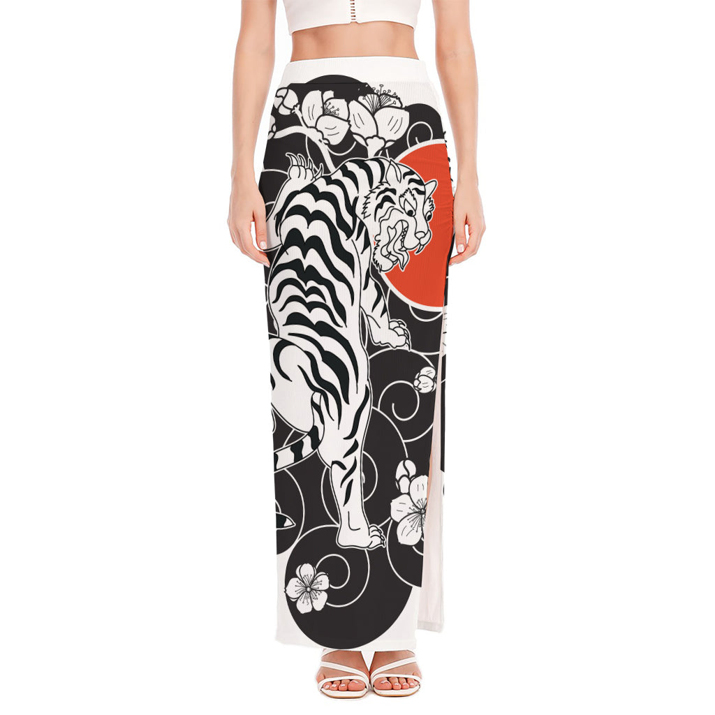 Japanese White Tiger Tattoo Print High Slit Maxi Skirt