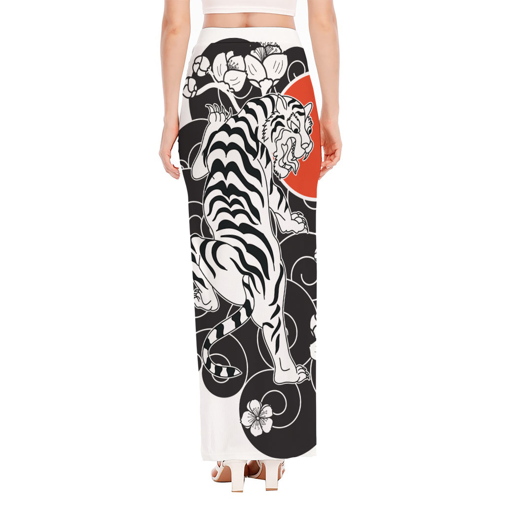 Japanese White Tiger Tattoo Print High Slit Maxi Skirt