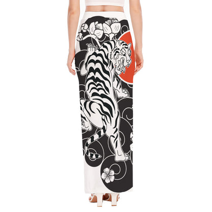 Japanese White Tiger Tattoo Print High Slit Maxi Skirt