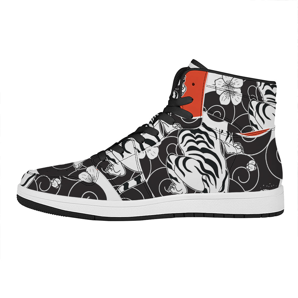 Japanese White Tiger Tattoo Print High Top Leather Sneakers