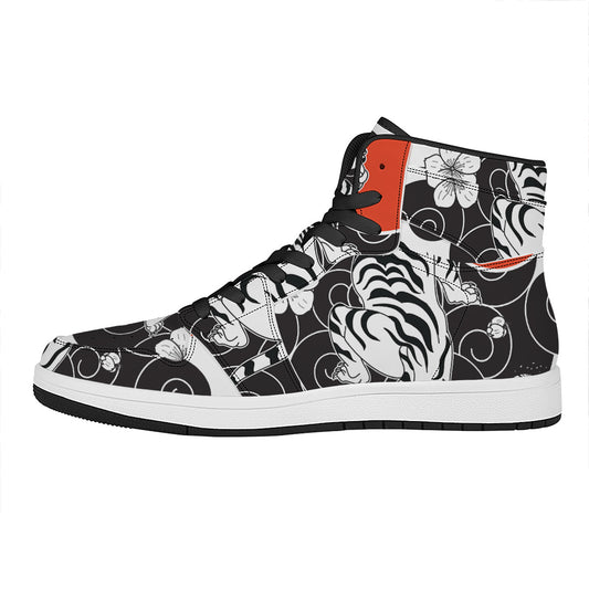 Japanese White Tiger Tattoo Print High Top Leather Sneakers