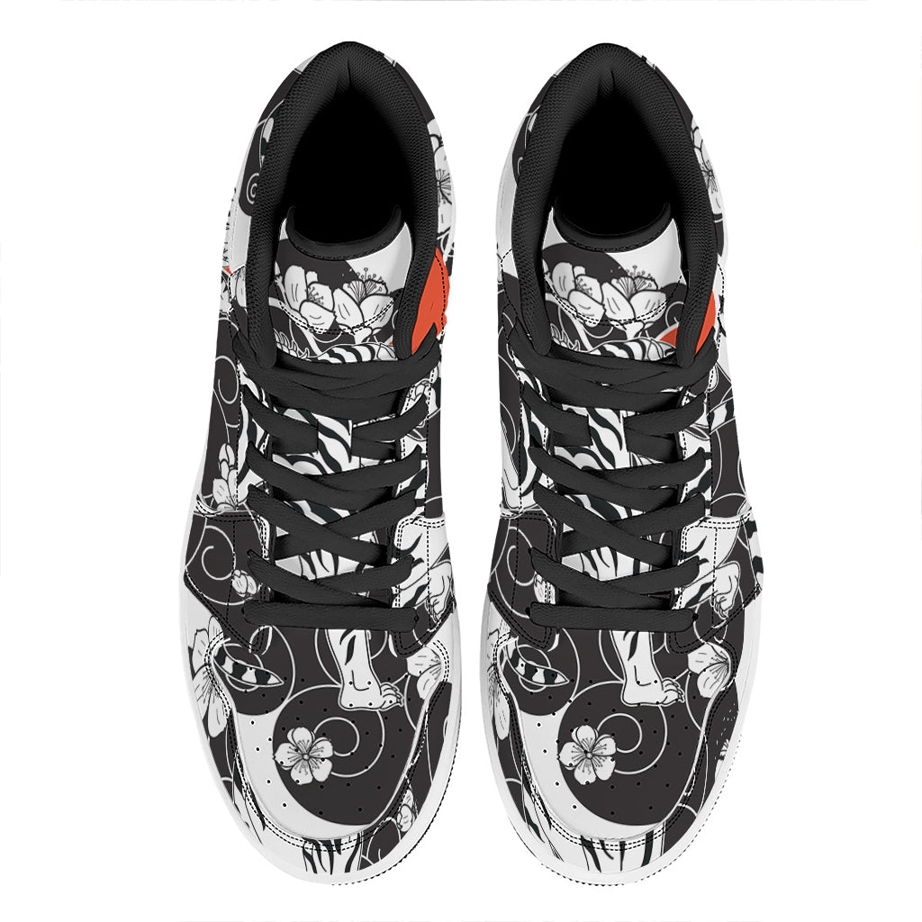 Japanese White Tiger Tattoo Print High Top Leather Sneakers