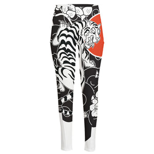 Japanese White Tiger Tattoo Print High-Waisted Pocket Leggings