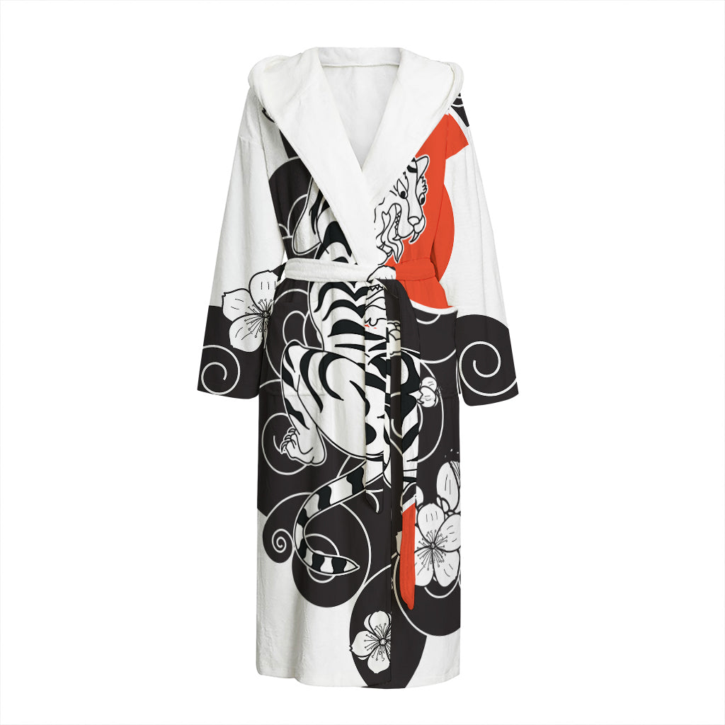 Japanese White Tiger Tattoo Print Hooded Bathrobe