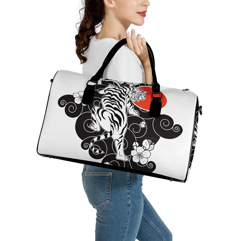 Japanese White Tiger Tattoo Print Leather Duffle Bag