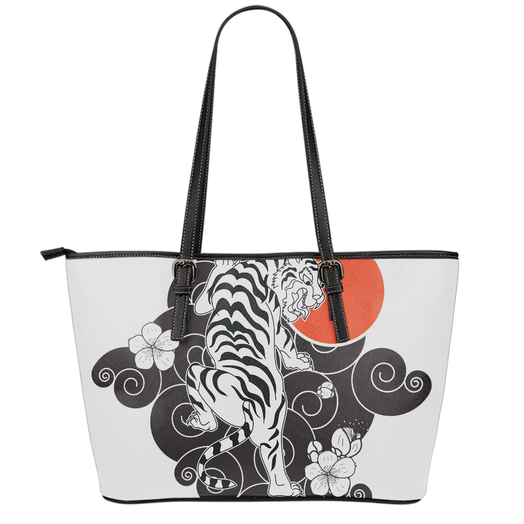 Japanese White Tiger Tattoo Print Leather Tote Bag