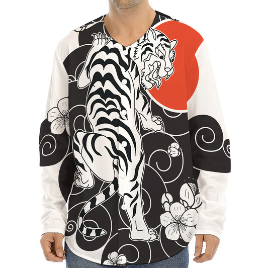 Japanese White Tiger Tattoo Print Long Sleeve Baseball Jersey