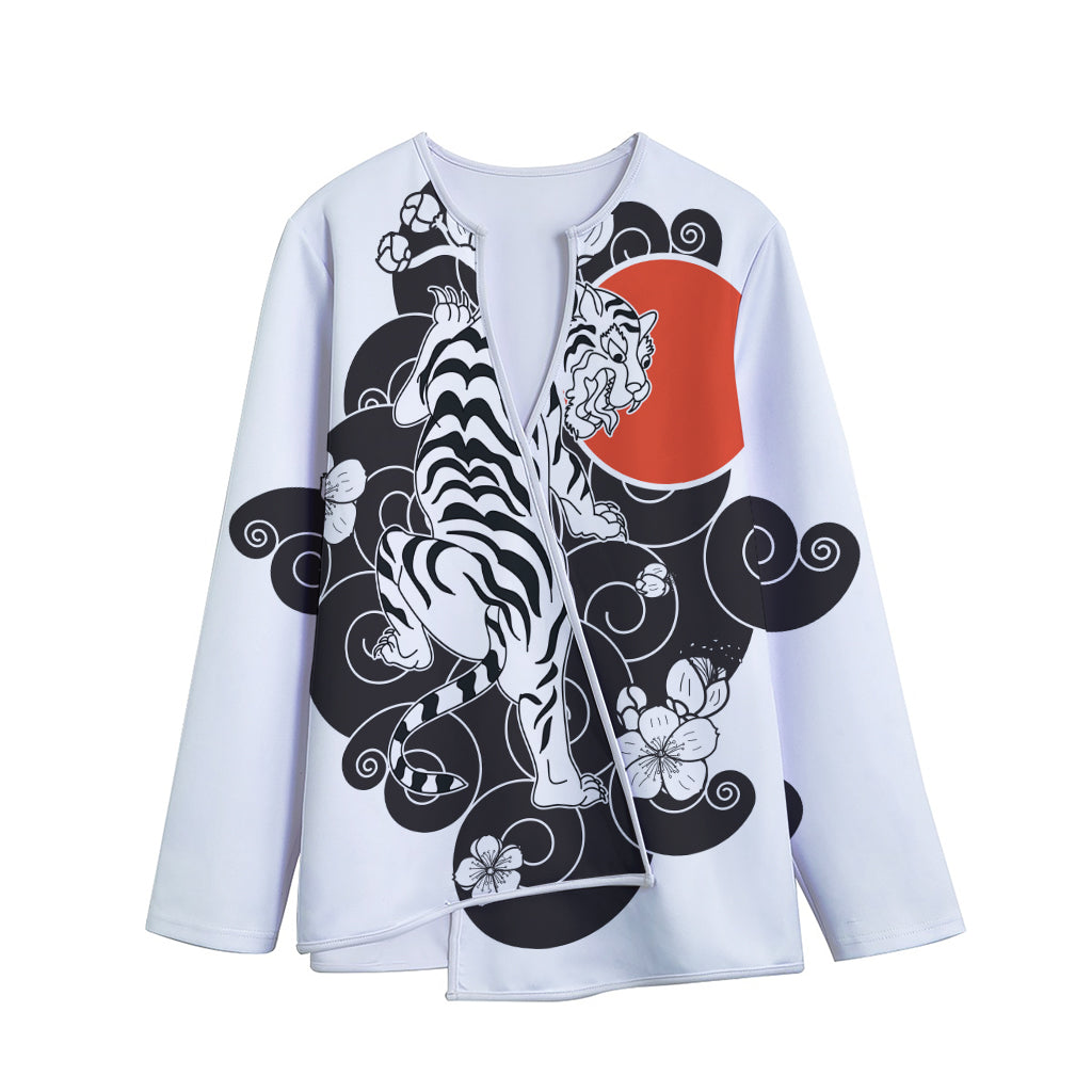Japanese White Tiger Tattoo Print Long Sleeve Short Coat