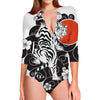 Japanese White Tiger Tattoo Print Long Sleeve Swimsuit