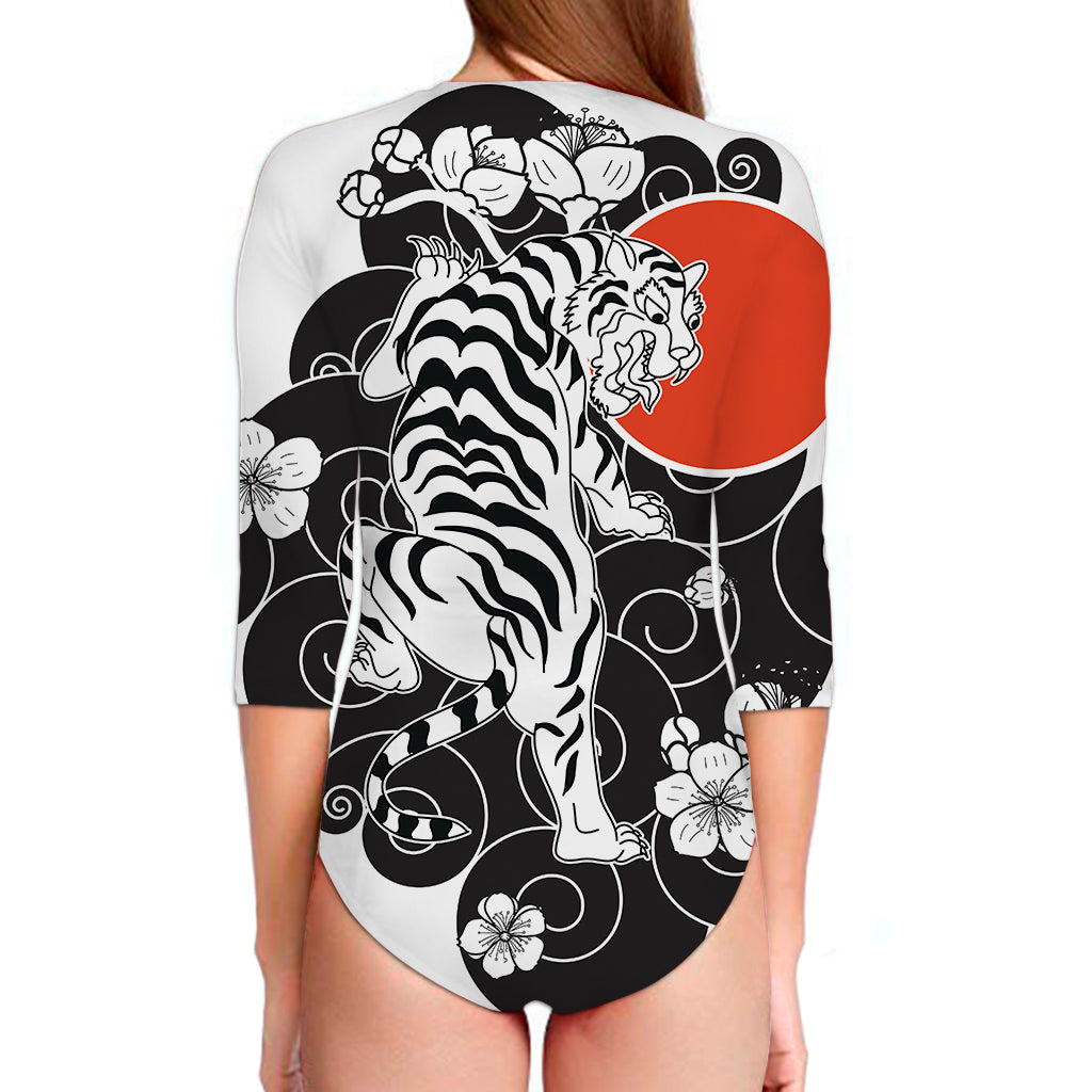 Japanese White Tiger Tattoo Print Long Sleeve Swimsuit