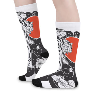 Japanese White Tiger Tattoo Print Long Socks