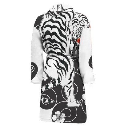 Japanese White Tiger Tattoo Print Men's Bathrobe