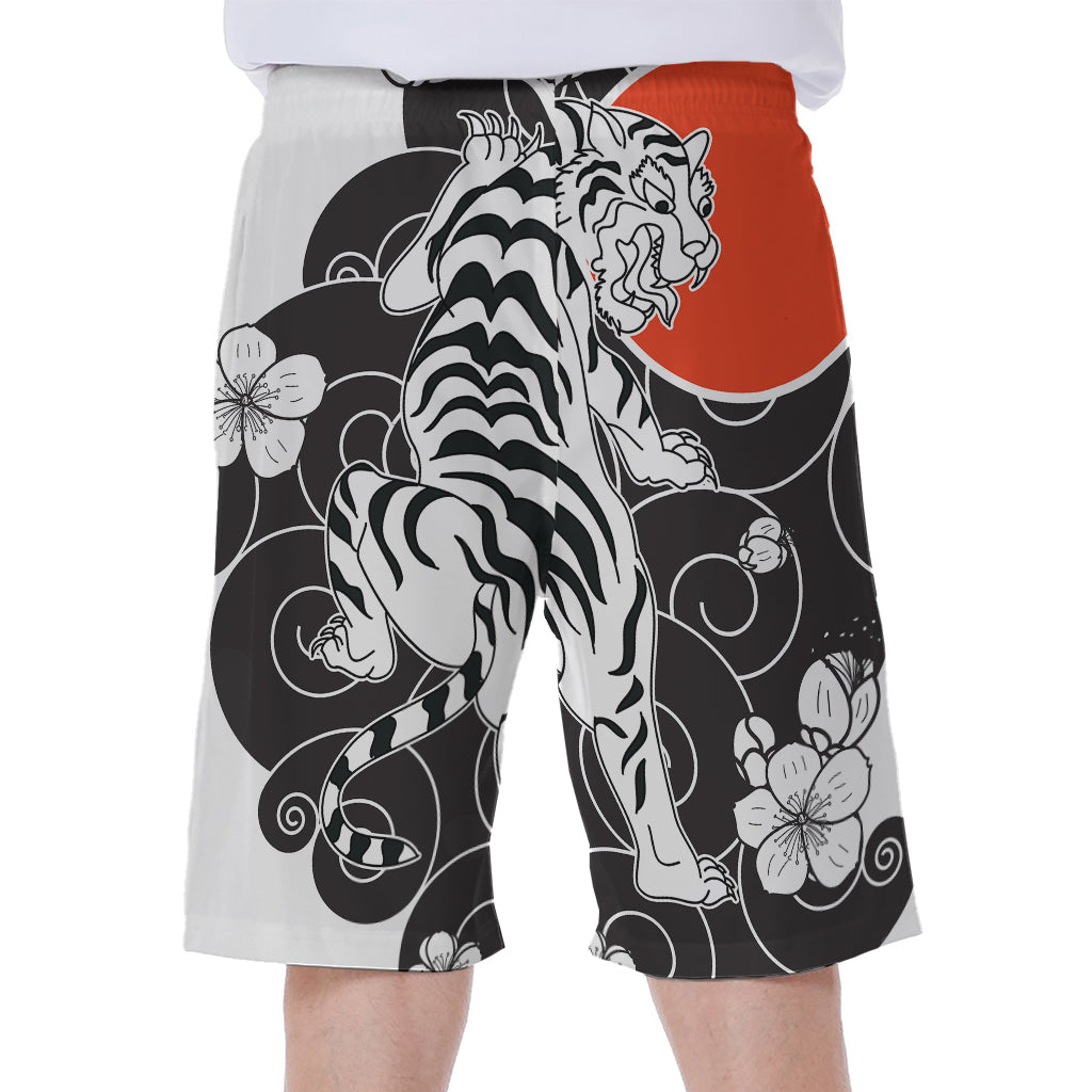 Japanese White Tiger Tattoo Print Men's Beach Shorts