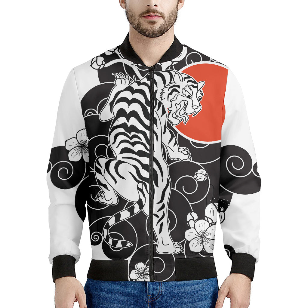 Japanese White Tiger Tattoo Print Men's Bomber Jacket