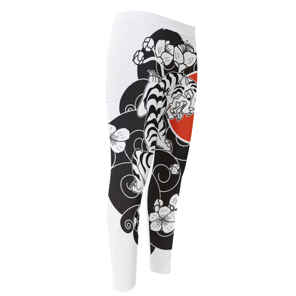 Japanese White Tiger Tattoo Print Men's Compression Pants