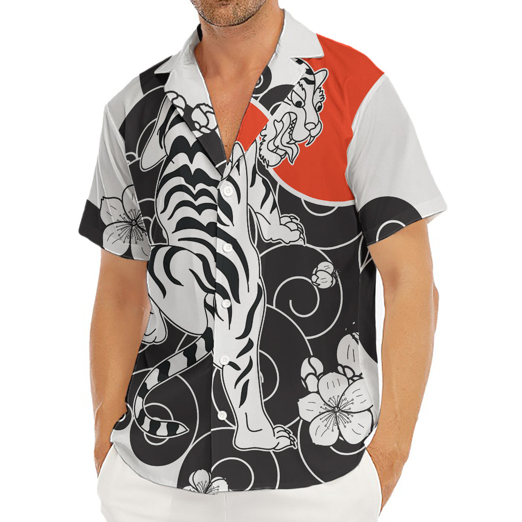 Japanese White Tiger Tattoo Print Men's Deep V-Neck Shirt