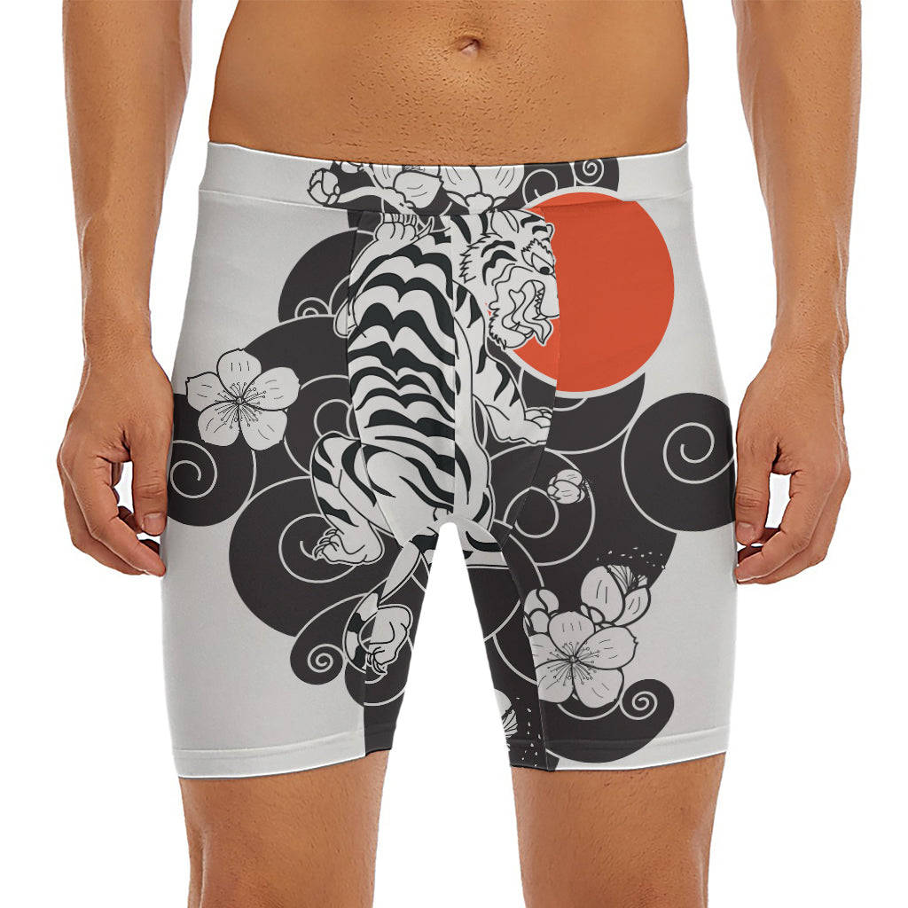 Japanese White Tiger Tattoo Print Men's Long Boxer Briefs