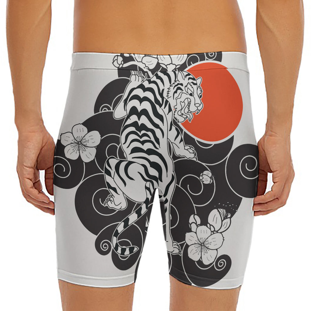 Japanese White Tiger Tattoo Print Men's Long Boxer Briefs