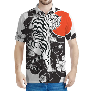 Japanese White Tiger Tattoo Print Men's Polo Shirt