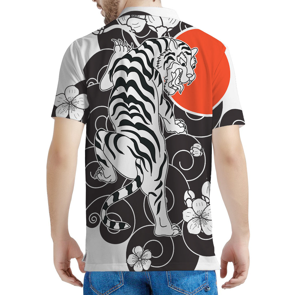 Japanese White Tiger Tattoo Print Men's Polo Shirt