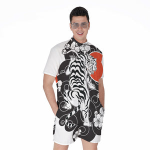 Japanese White Tiger Tattoo Print Men's Rompers