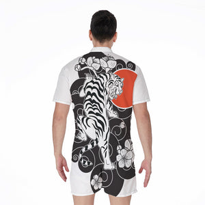 Japanese White Tiger Tattoo Print Men's Rompers