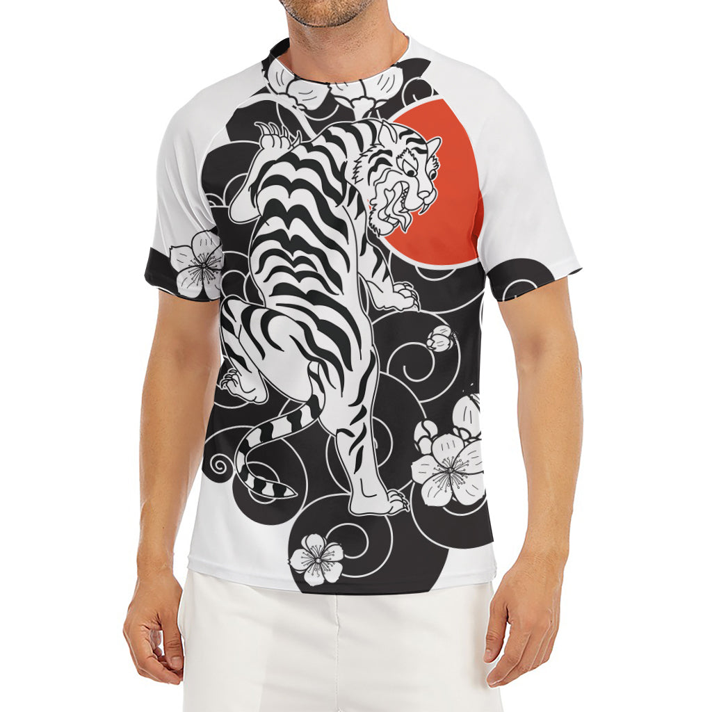 Japanese White Tiger Tattoo Print Men's Short Sleeve Rash Guard