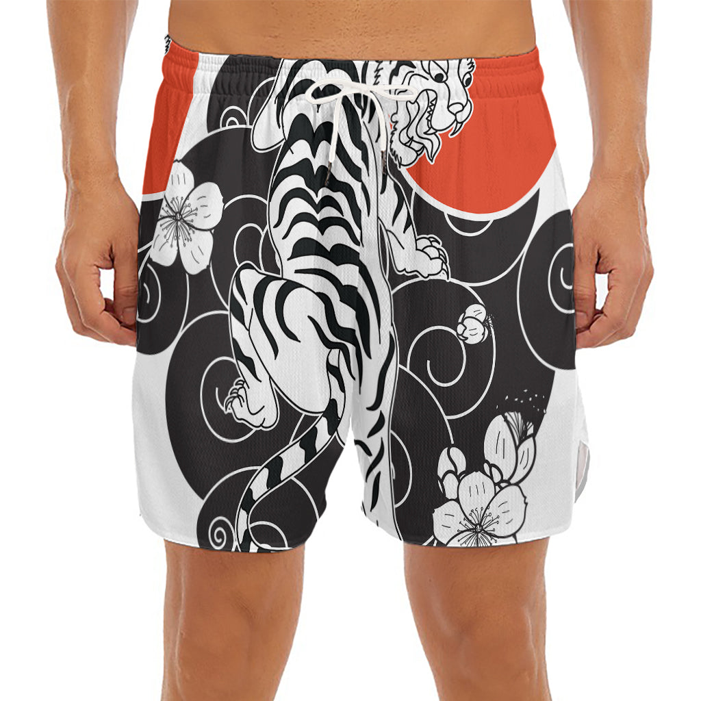 Japanese White Tiger Tattoo Print Men's Split Running Shorts