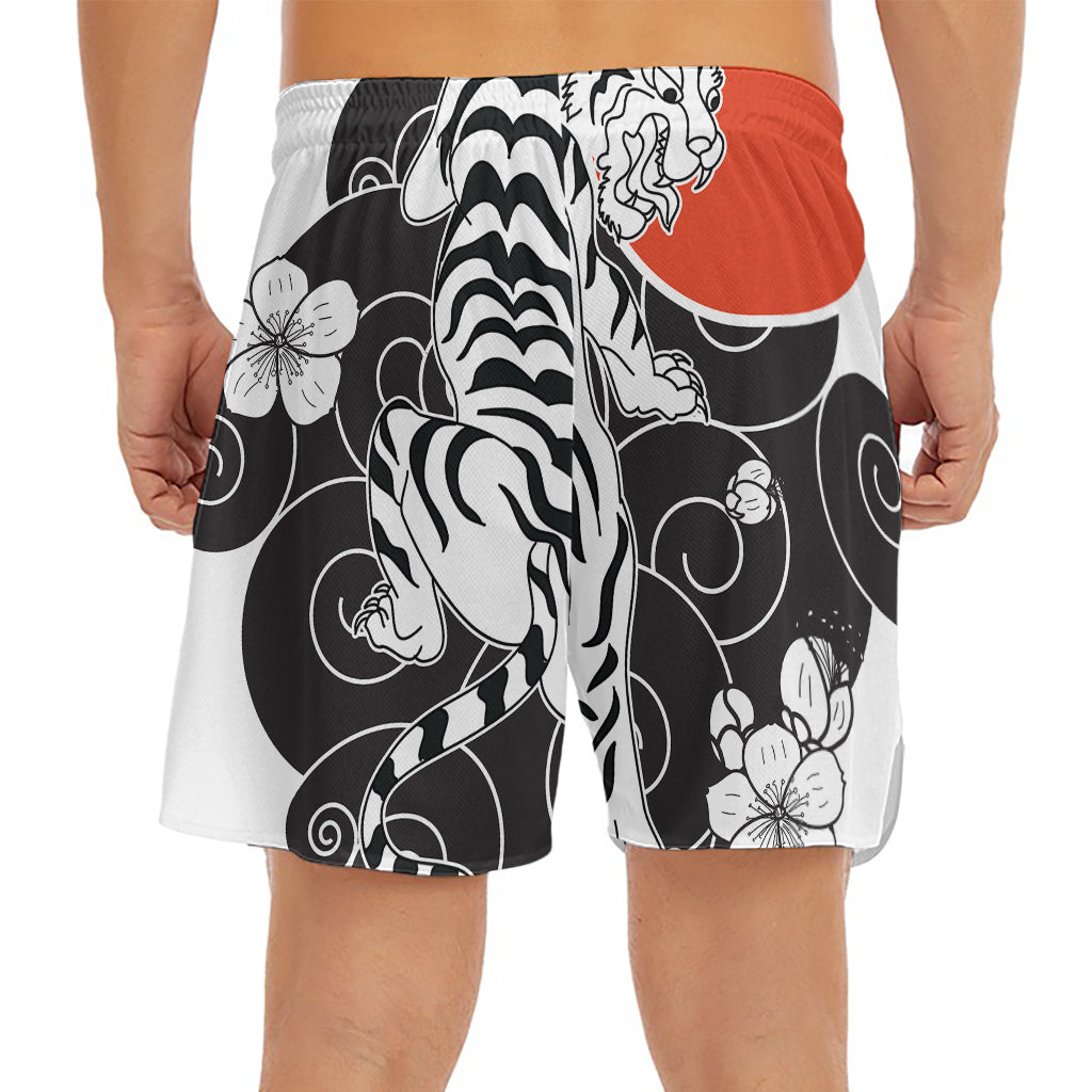 Japanese White Tiger Tattoo Print Men's Split Running Shorts