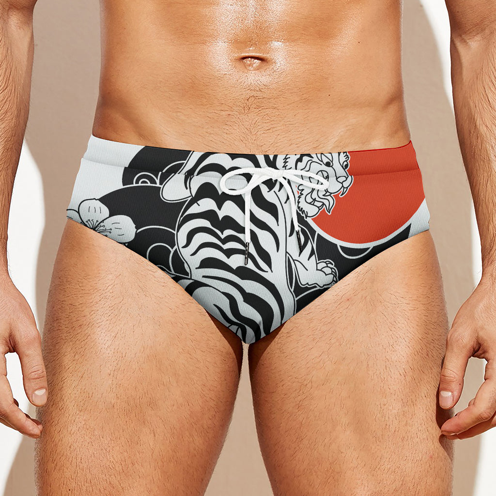 Japanese White Tiger Tattoo Print Men's Swim Briefs