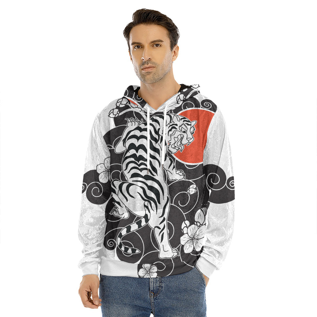 Japanese White Tiger Tattoo Print Men's Velvet Pullover Hoodie