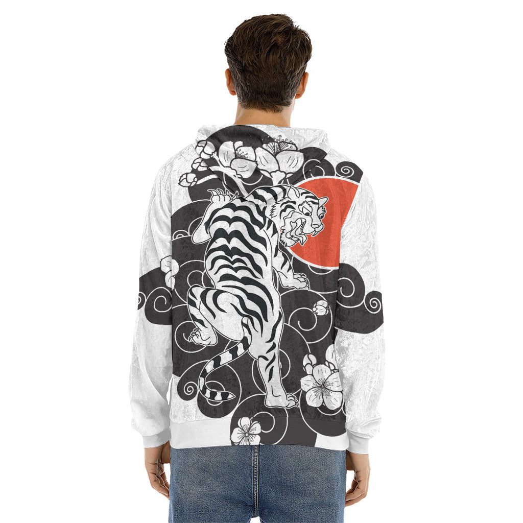 Japanese White Tiger Tattoo Print Men's Velvet Pullover Hoodie