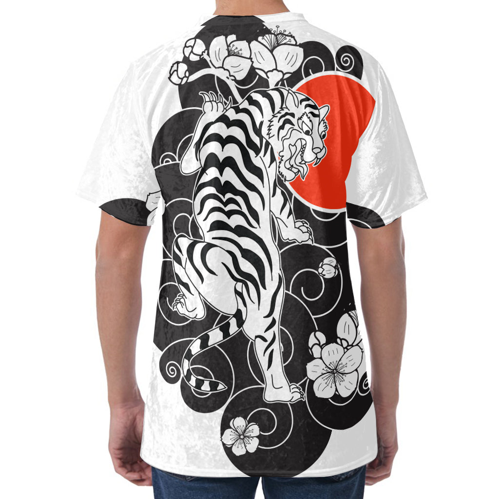 Japanese White Tiger Tattoo Print Men's Velvet T-Shirt