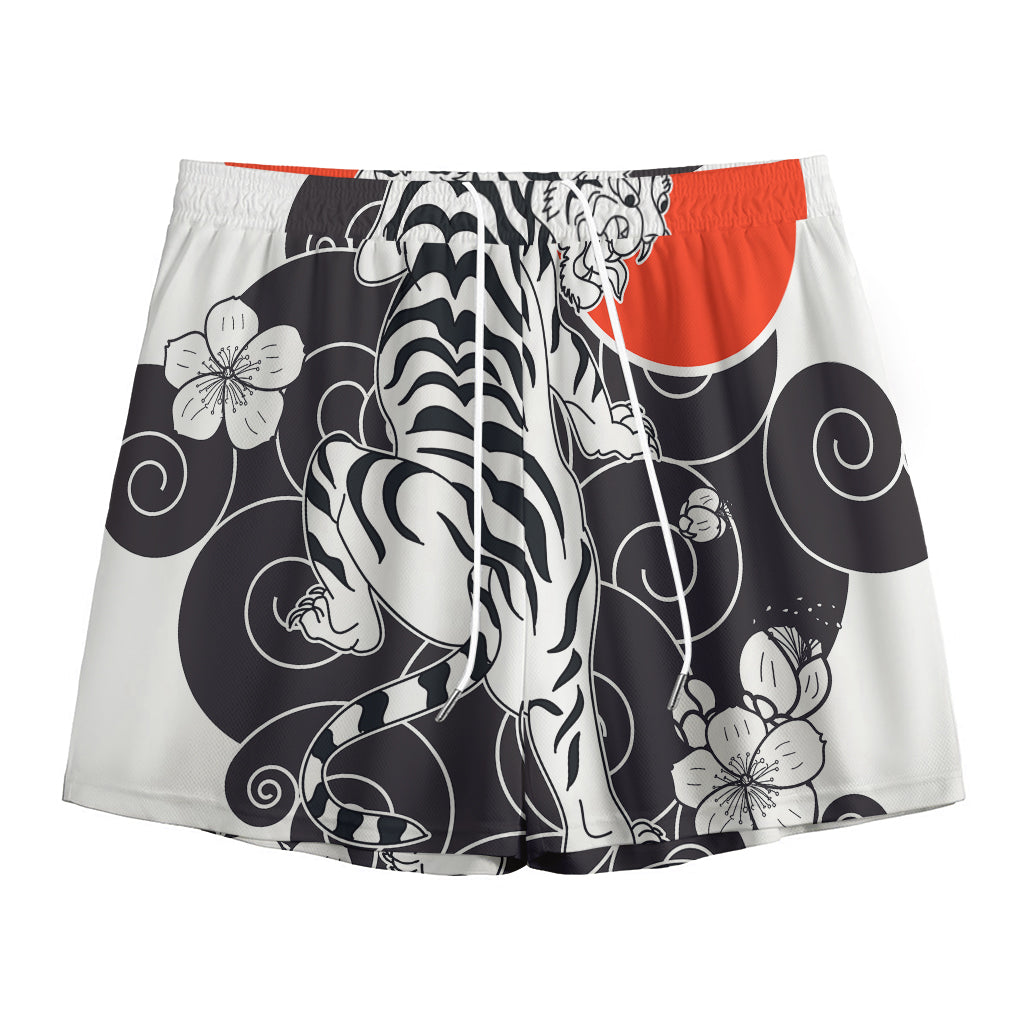 Japanese White Tiger Tattoo Print Mesh Shorts