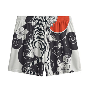 Japanese White Tiger Tattoo Print Mesh Shorts