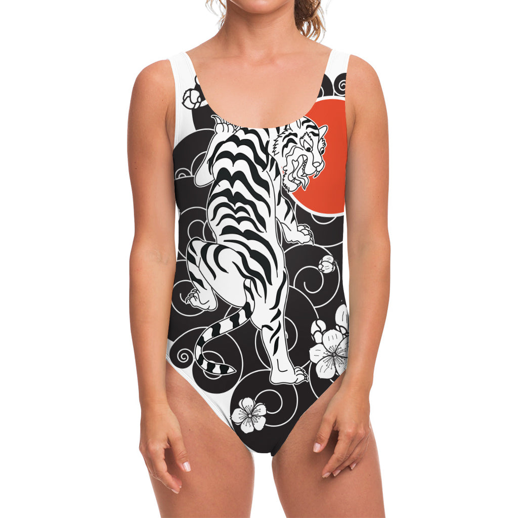 Japanese White Tiger Tattoo Print One Piece Swimsuit