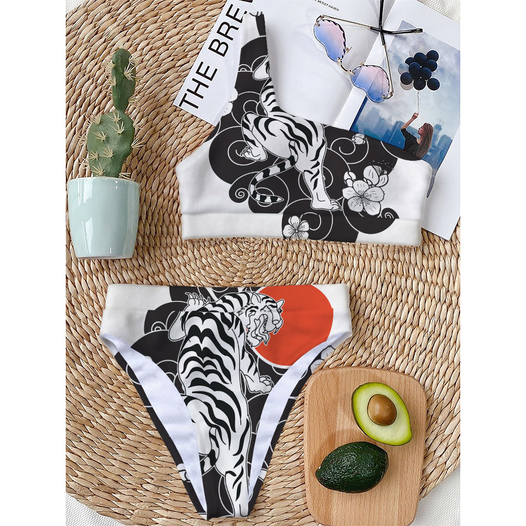 Japanese White Tiger Tattoo Print One Shoulder Bikini Top