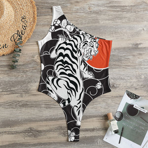 Japanese White Tiger Tattoo Print One Shoulder Bodysuit