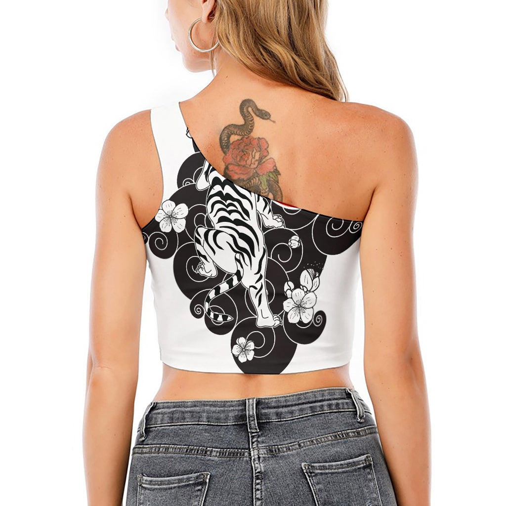Japanese White Tiger Tattoo Print One Shoulder Crop Top