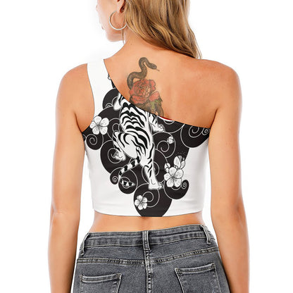 Japanese White Tiger Tattoo Print One Shoulder Crop Top