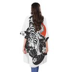 Japanese White Tiger Tattoo Print Open Front Beach Cover Up