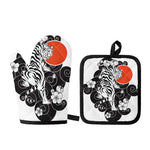 Japanese White Tiger Tattoo Print Oven Mitt And Pot Holder Set