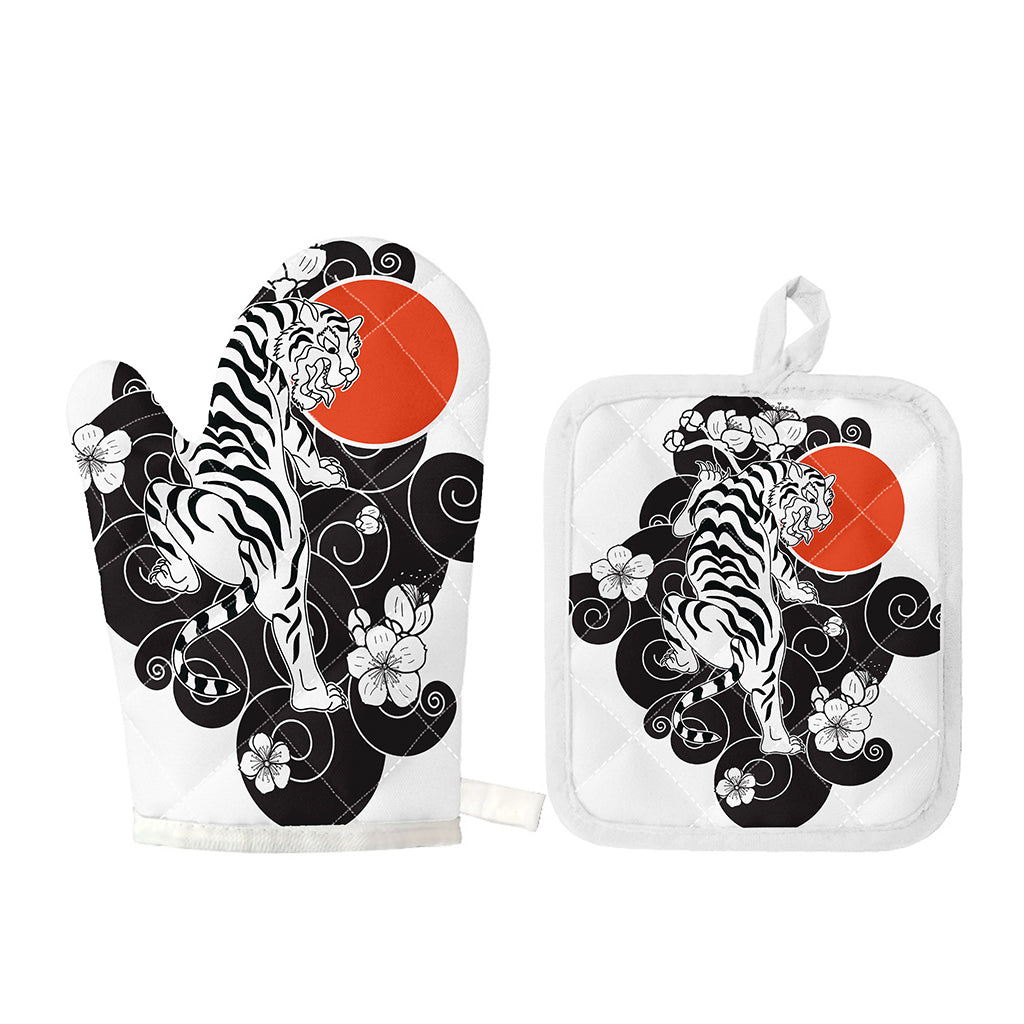 Japanese White Tiger Tattoo Print Oven Mitt And Pot Holder Set