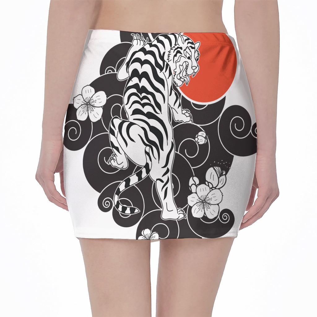 Japanese White Tiger Tattoo Print Pencil Mini Skirt