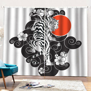 Japanese White Tiger Tattoo Print Pencil Pleat Curtains