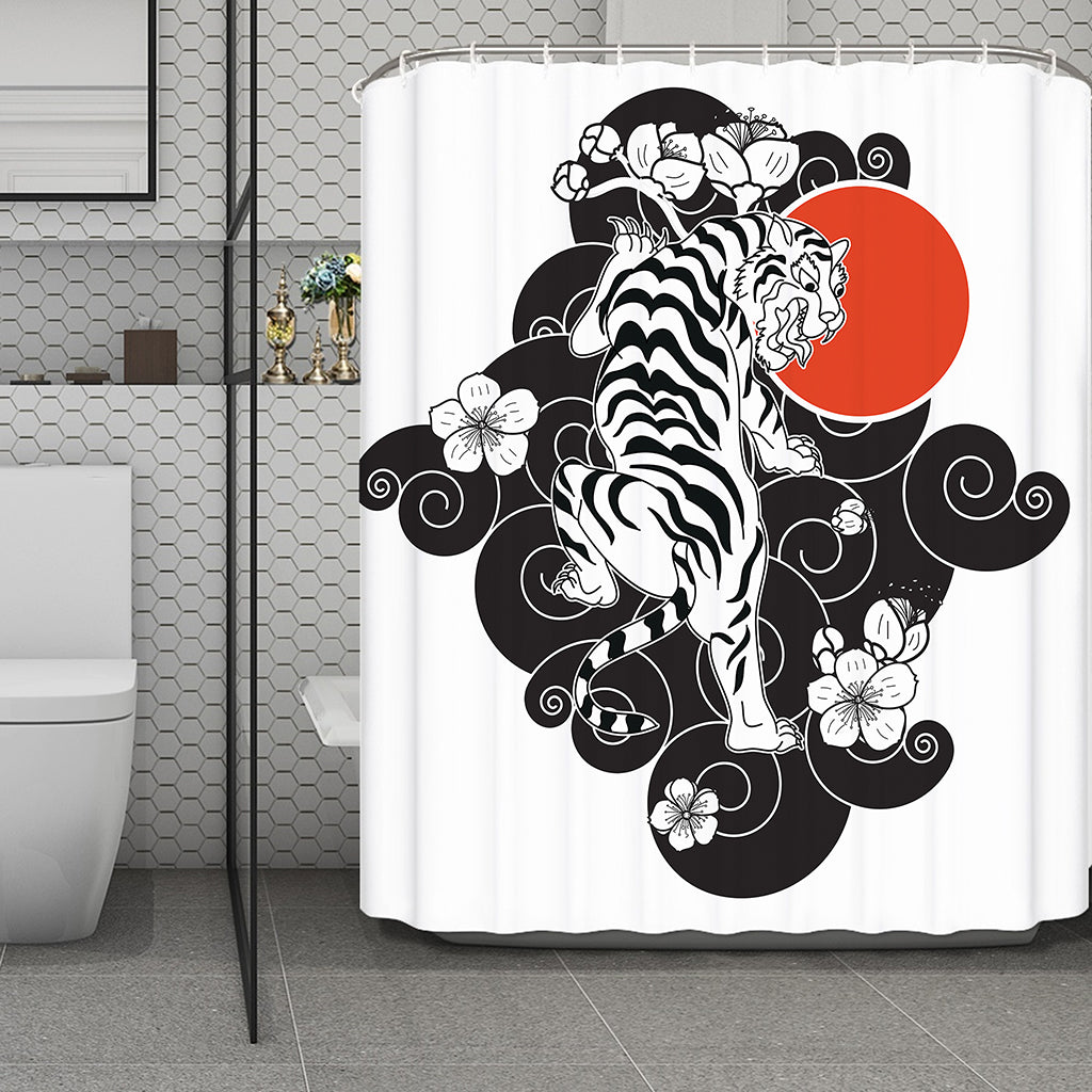 Japanese White Tiger Tattoo Print Polyester Shower Curtain