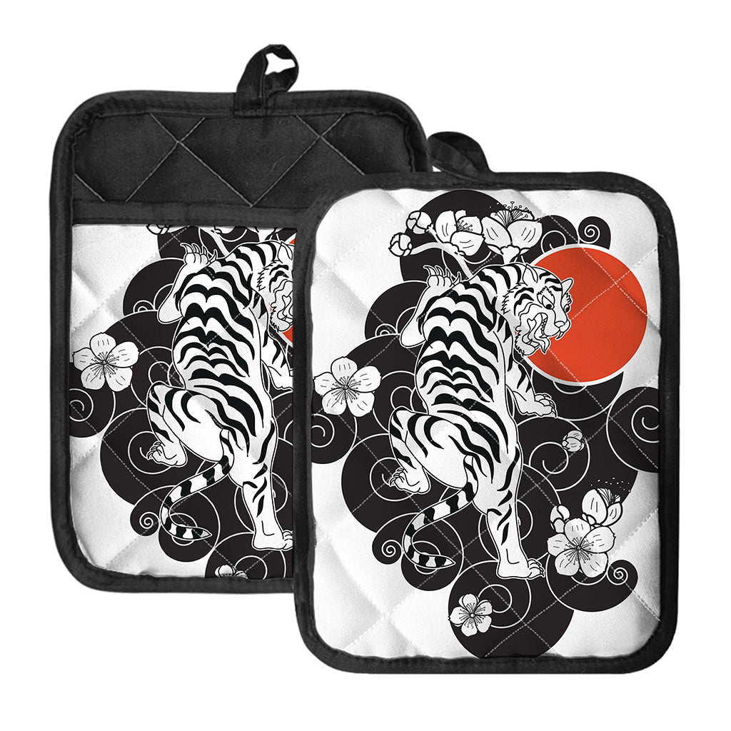 Japanese White Tiger Tattoo Print Pot Holders With Pocket
