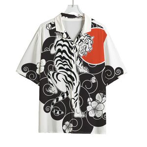 Japanese White Tiger Tattoo Print Rayon Hawaiian Shirt