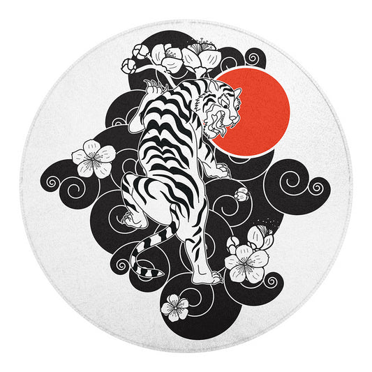 Japanese White Tiger Tattoo Print Round Blanket